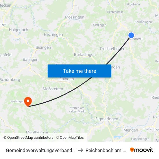 Gemeindeverwaltungsverband Engstingen to Reichenbach am Heuberg map
