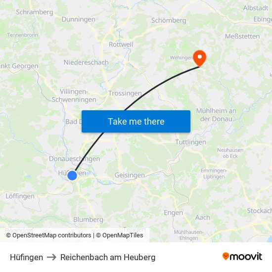 Hüfingen to Reichenbach am Heuberg map