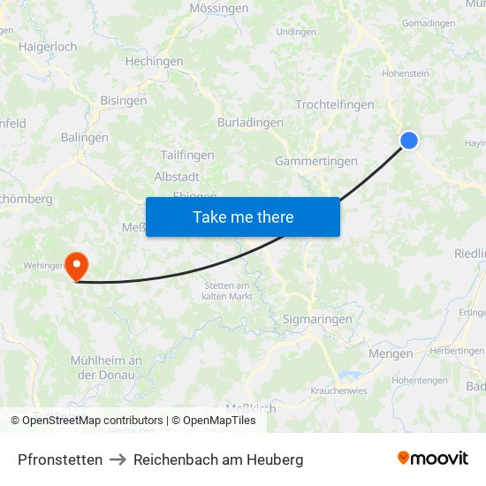 Pfronstetten to Reichenbach am Heuberg map