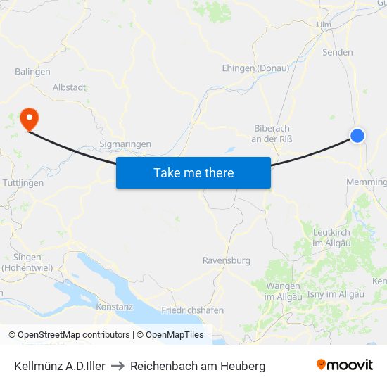 Kellmünz A.D.Iller to Reichenbach am Heuberg map