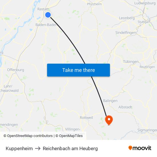 Kuppenheim to Reichenbach am Heuberg map