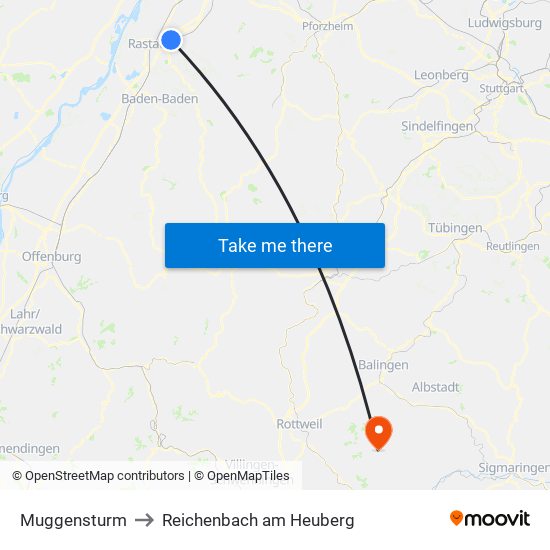 Muggensturm to Reichenbach am Heuberg map