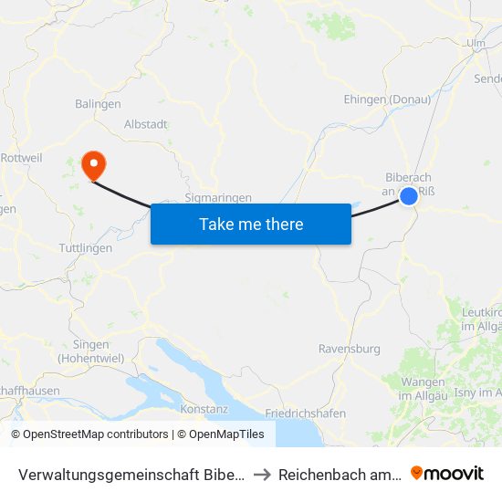 Verwaltungsgemeinschaft Biberach An Der Riß to Reichenbach am Heuberg map