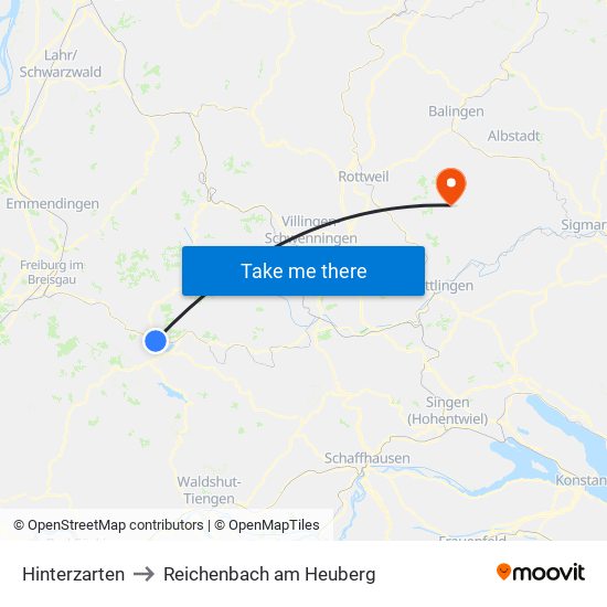 Hinterzarten to Reichenbach am Heuberg map