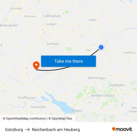 Günzburg to Reichenbach am Heuberg map