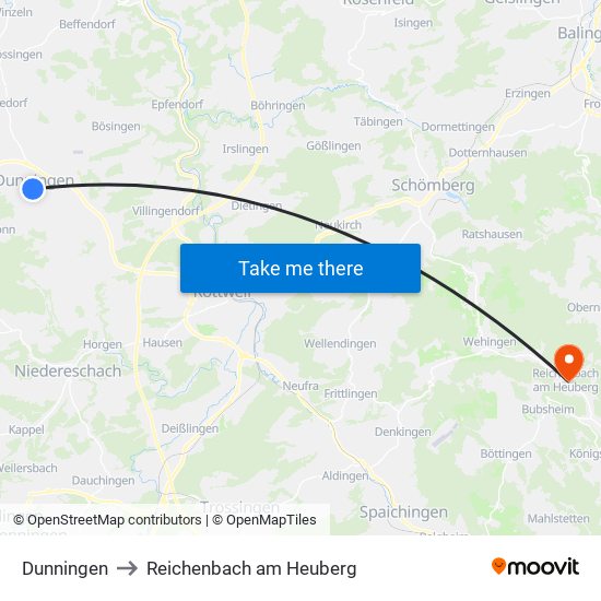 Dunningen to Reichenbach am Heuberg map