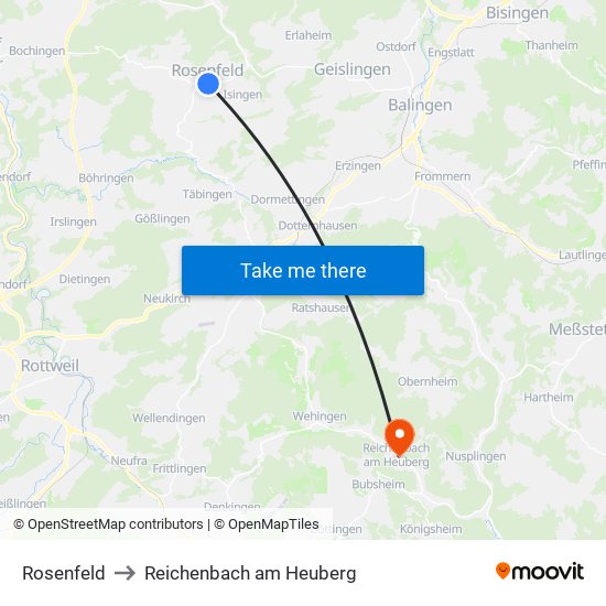 Rosenfeld to Reichenbach am Heuberg map