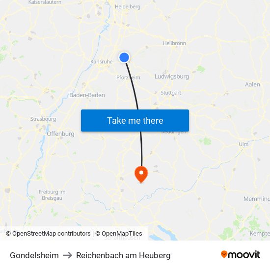Gondelsheim to Reichenbach am Heuberg map
