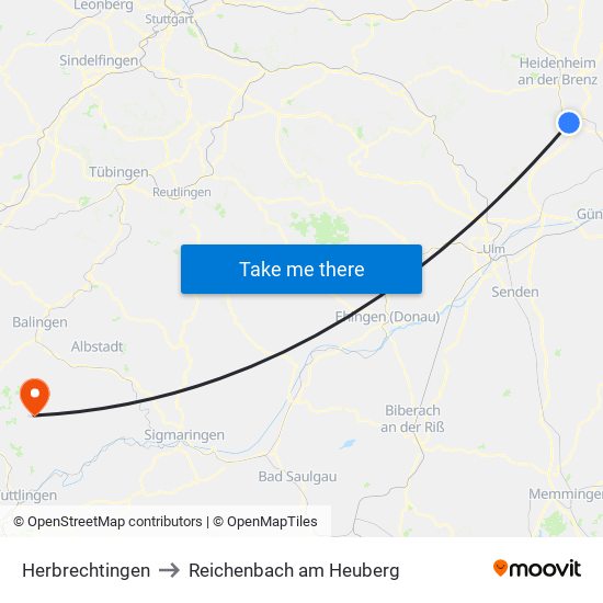 Herbrechtingen to Reichenbach am Heuberg map