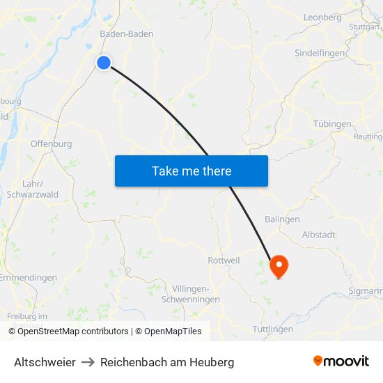 Altschweier to Reichenbach am Heuberg map