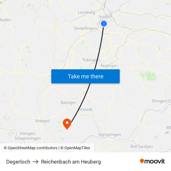 Degerloch to Reichenbach am Heuberg map