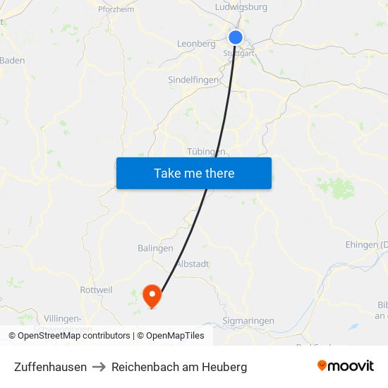 Zuffenhausen to Reichenbach am Heuberg map