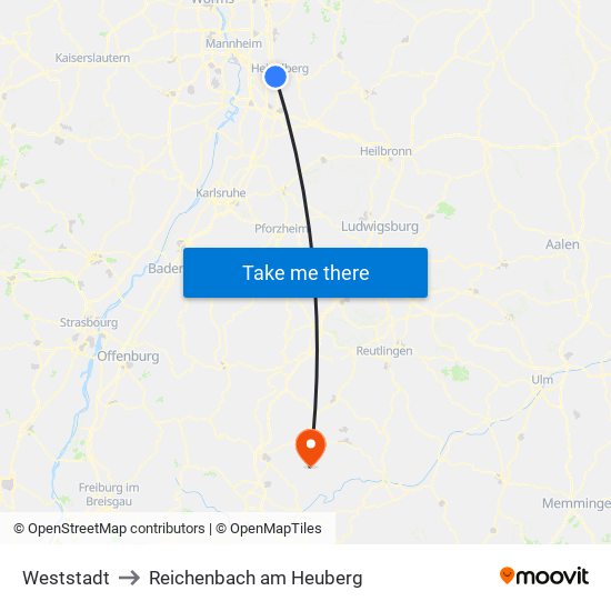 Weststadt to Reichenbach am Heuberg map