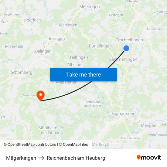 Mägerkingen to Reichenbach am Heuberg map