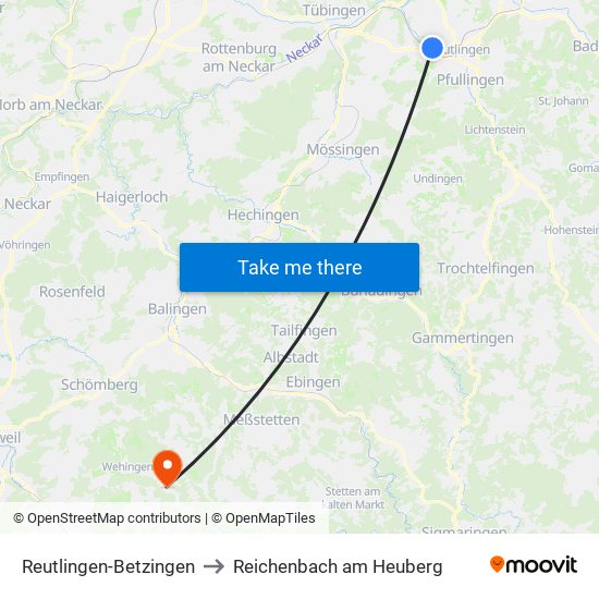 Reutlingen-Betzingen to Reichenbach am Heuberg map