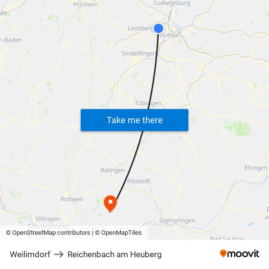 Weilimdorf to Reichenbach am Heuberg map