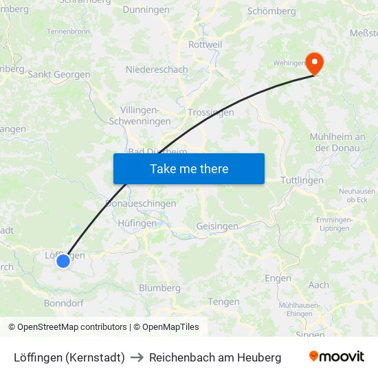 Löffingen (Kernstadt) to Reichenbach am Heuberg map