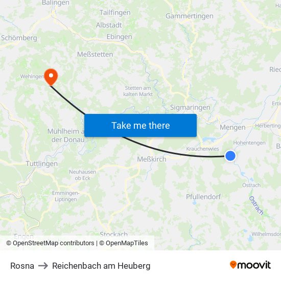 Rosna to Reichenbach am Heuberg map