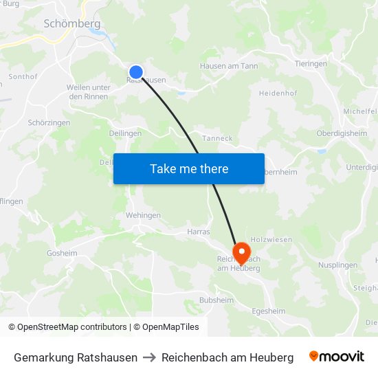 Gemarkung Ratshausen to Reichenbach am Heuberg map