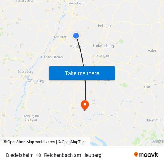 Diedelsheim to Reichenbach am Heuberg map