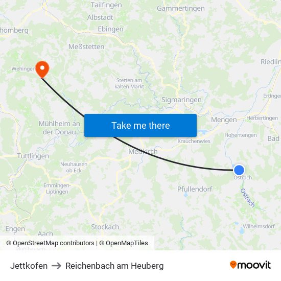 Jettkofen to Reichenbach am Heuberg map