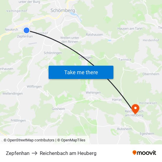 Zepfenhan to Reichenbach am Heuberg map