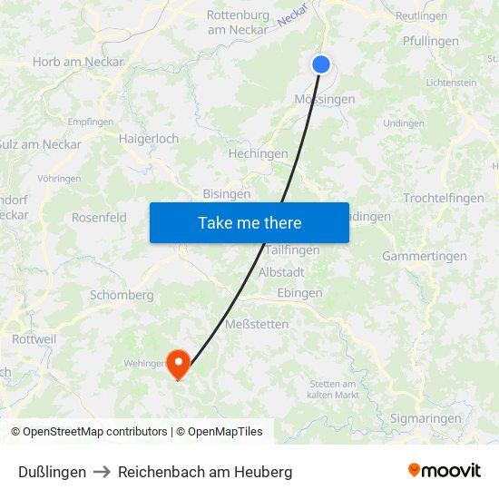 Dußlingen to Reichenbach am Heuberg map