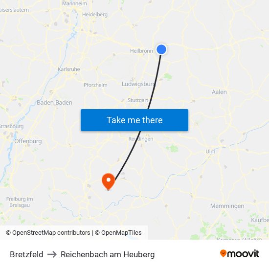 Bretzfeld to Reichenbach am Heuberg map