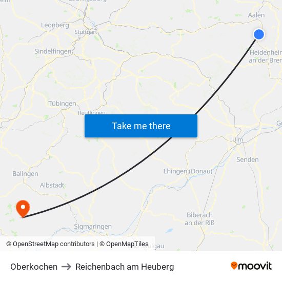 Oberkochen to Reichenbach am Heuberg map