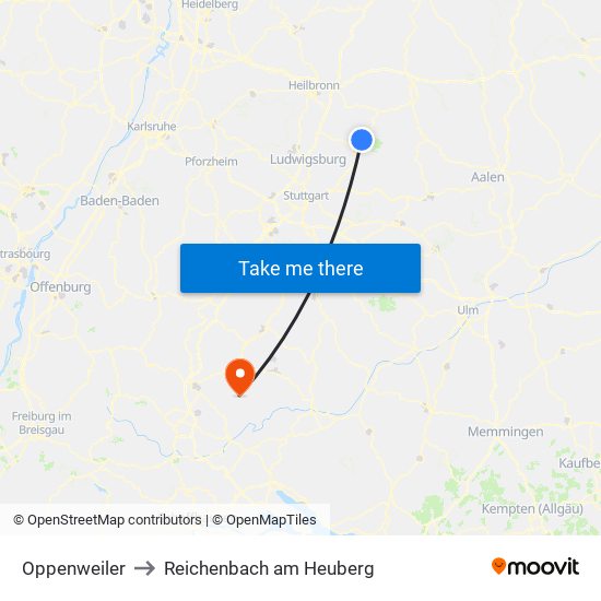 Oppenweiler to Reichenbach am Heuberg map