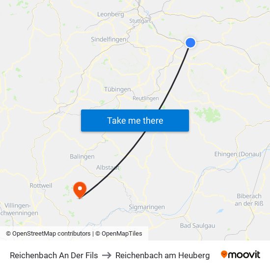 Reichenbach An Der Fils to Reichenbach am Heuberg map