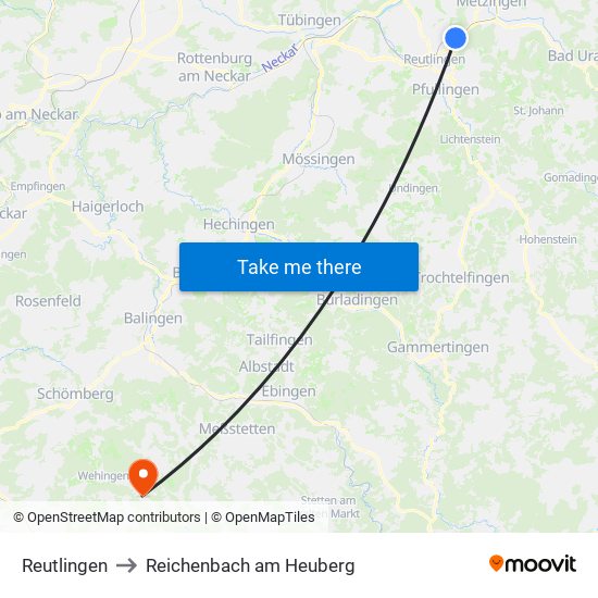 Reutlingen to Reichenbach am Heuberg map