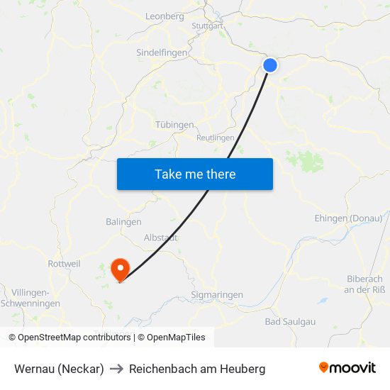 Wernau (Neckar) to Reichenbach am Heuberg map