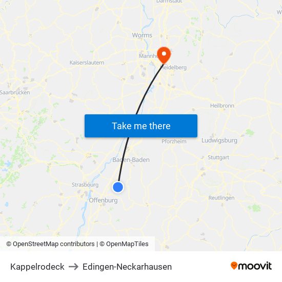 Kappelrodeck to Edingen-Neckarhausen map