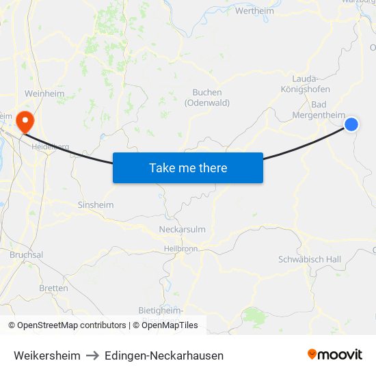 Weikersheim to Edingen-Neckarhausen map