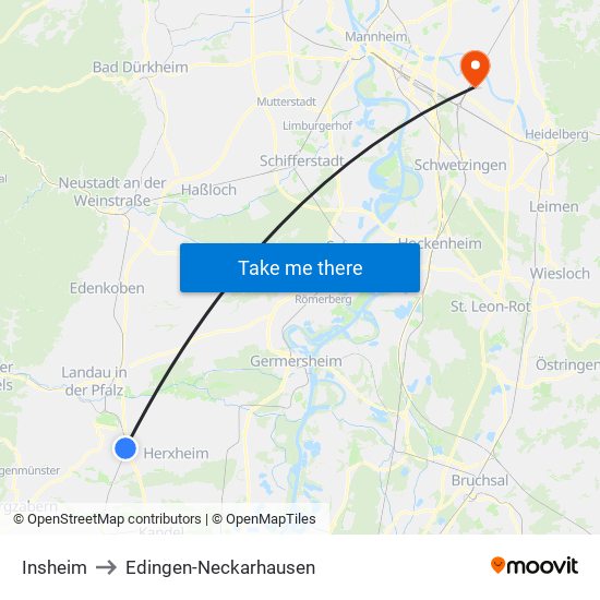 Insheim to Edingen-Neckarhausen map