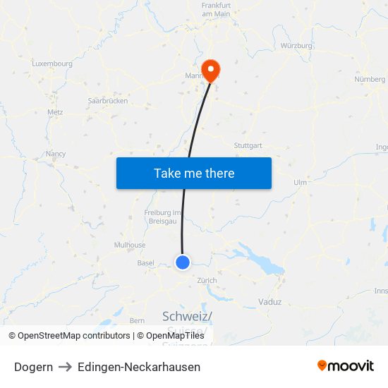 Dogern to Edingen-Neckarhausen map