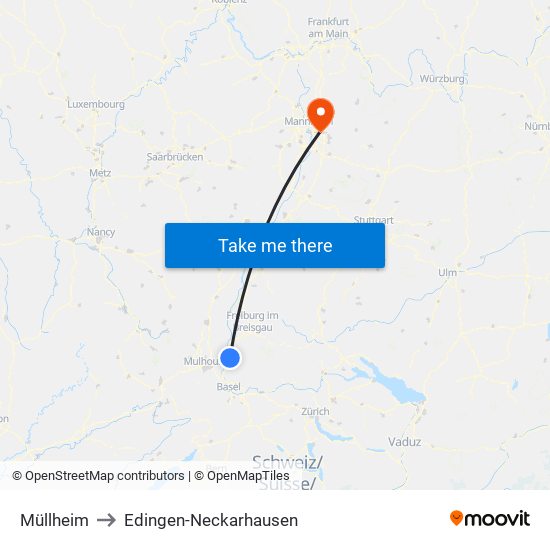 Müllheim to Edingen-Neckarhausen map