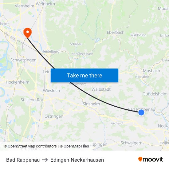 Bad Rappenau to Edingen-Neckarhausen map