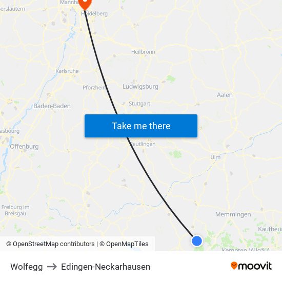 Wolfegg to Edingen-Neckarhausen map