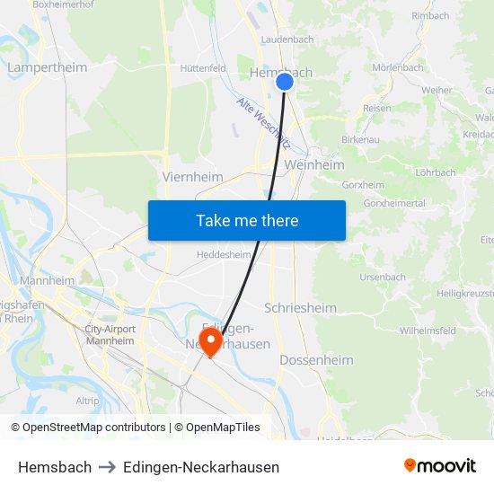 Hemsbach to Edingen-Neckarhausen map