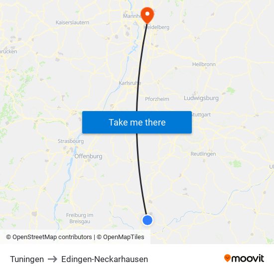 Tuningen to Edingen-Neckarhausen map