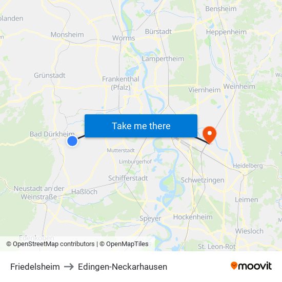 Friedelsheim to Edingen-Neckarhausen map