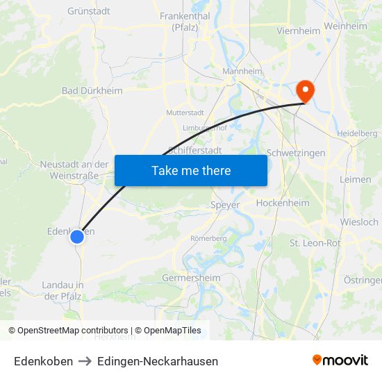 Edenkoben to Edingen-Neckarhausen map