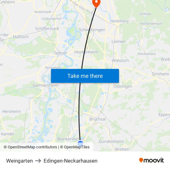 Weingarten to Edingen-Neckarhausen map