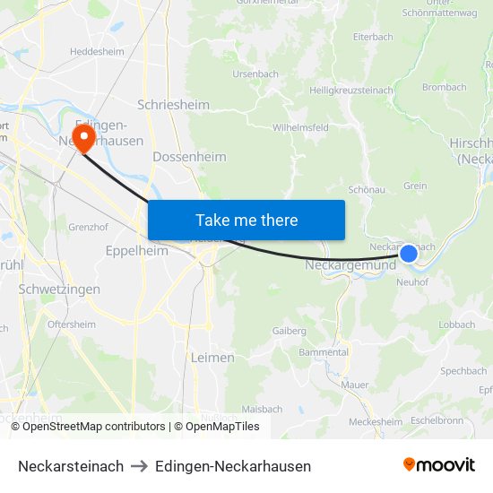 Neckarsteinach to Edingen-Neckarhausen map