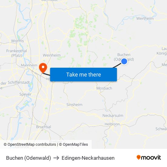 Buchen (Odenwald) to Edingen-Neckarhausen map