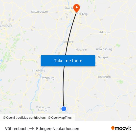 Vöhrenbach to Edingen-Neckarhausen map