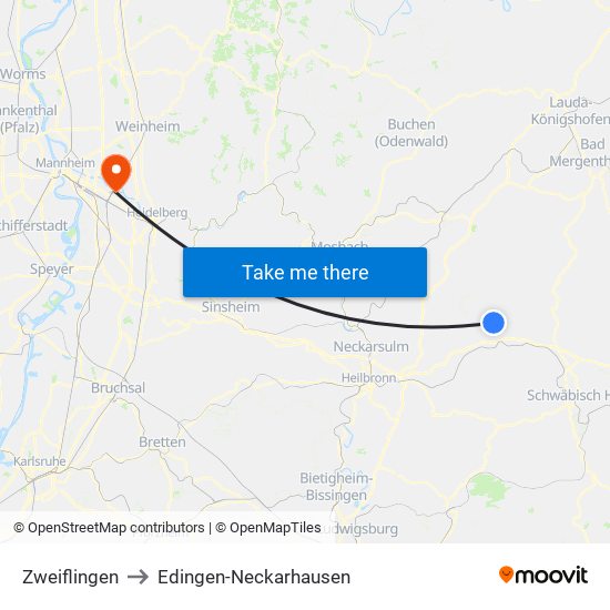 Zweiflingen to Edingen-Neckarhausen map