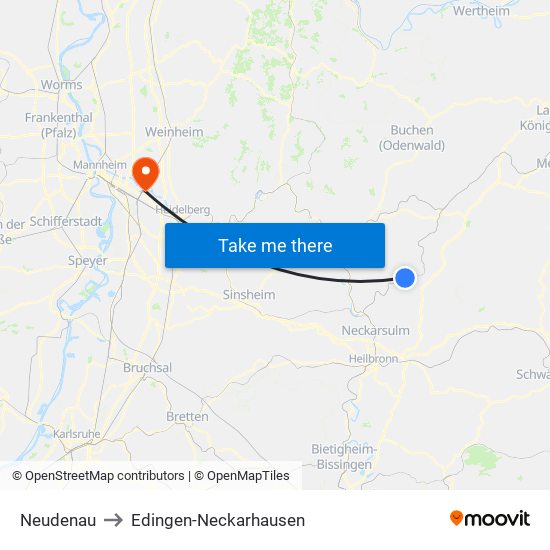 Neudenau to Edingen-Neckarhausen map